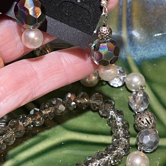 Handcrafted Glass Faceted Beads & Pearl Long Necklace Earrings Set - Picture 2 of 4